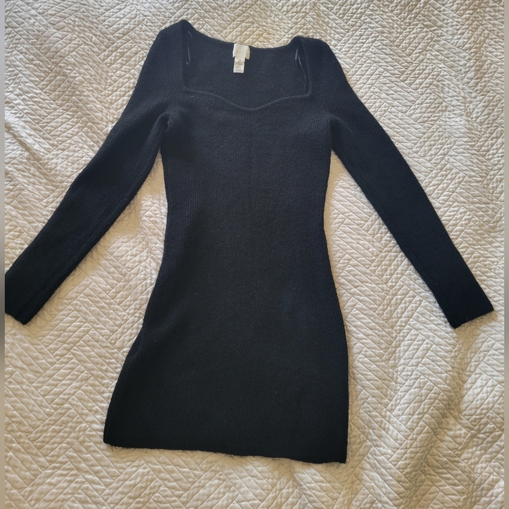 H&M Black Ribbed Square Neck Mini Dress Long Sleeve Bodycon S - Picture 3 of 7